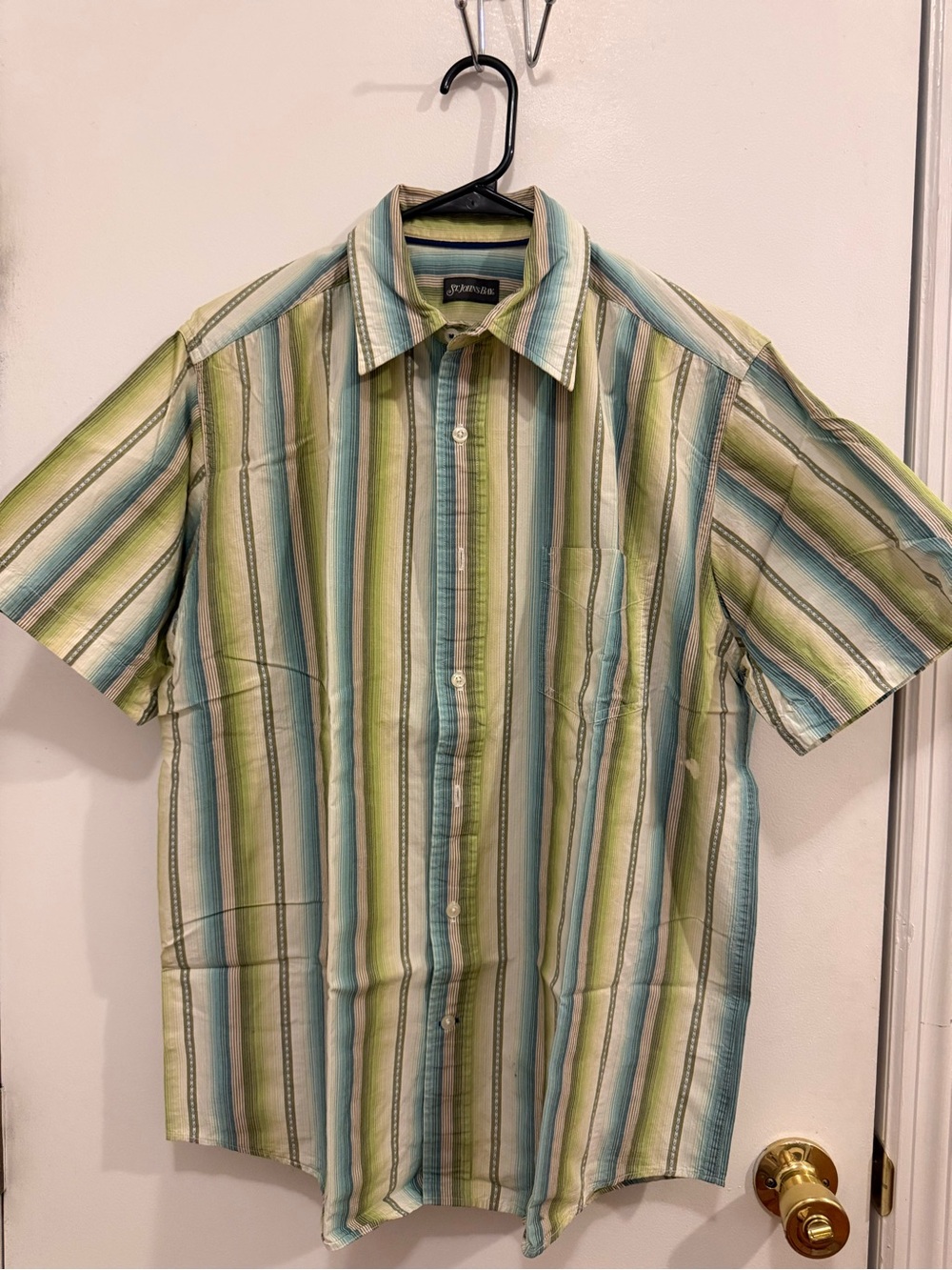 Short-Sleeve Striped Button-Up Shirt - Green/Blue size M